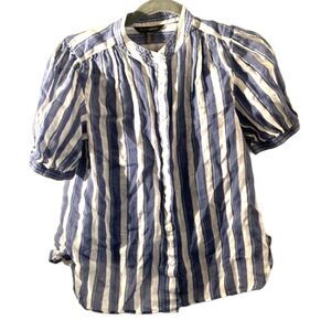 Banana Republic Petite XS Striped Blouse Blue White Button Front Puff Sleeve